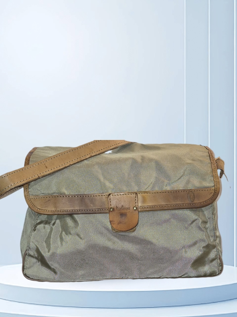 Vintage Hartmann Olive Green Travel Messenger Bag with Tan Leather Trim